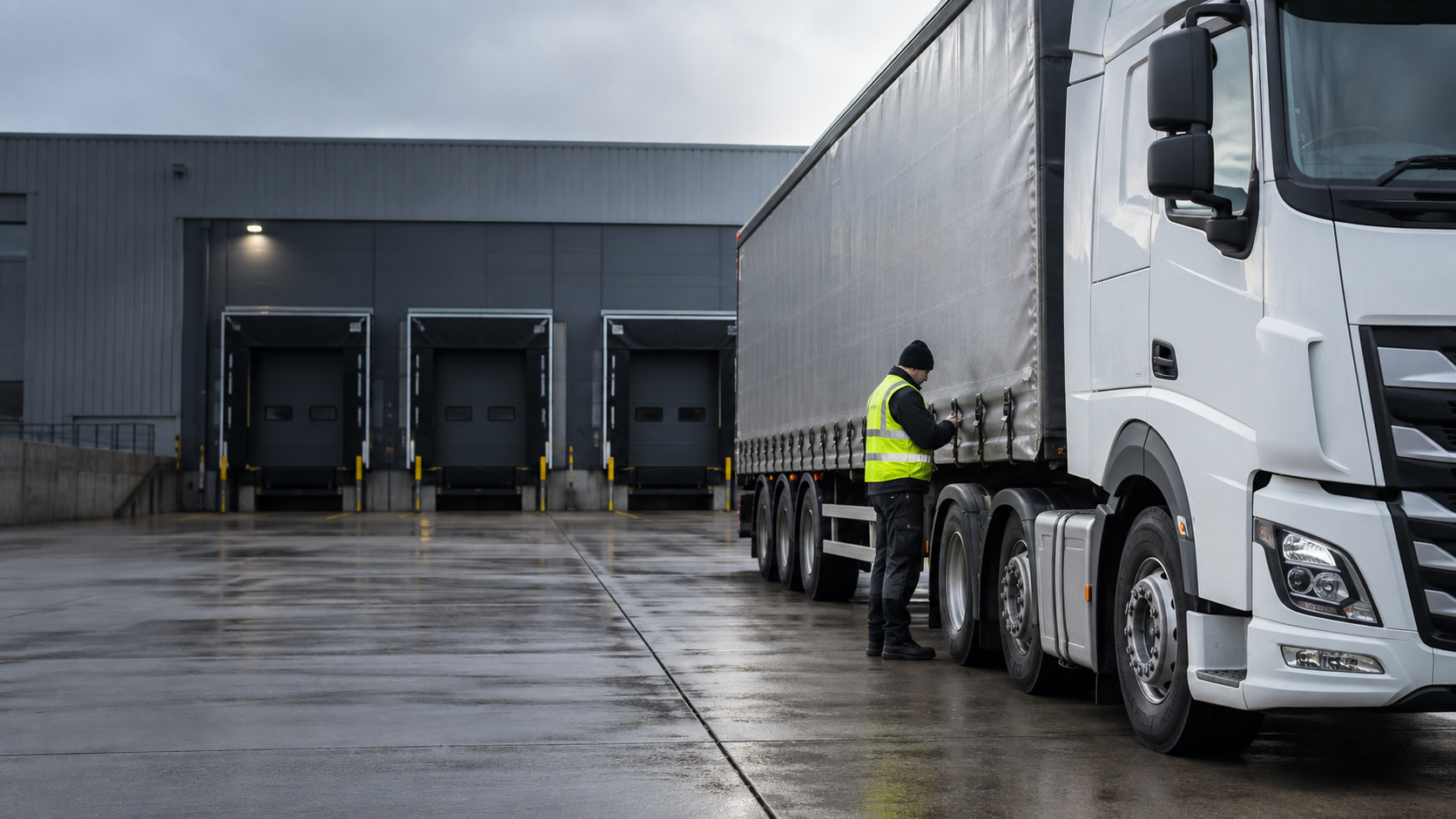 Articulated haulage lorry and driver at a UK distribution depot